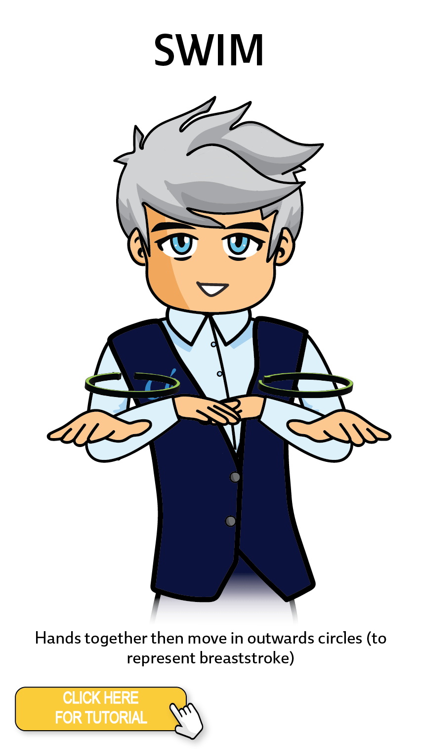 The Cérge character performing sign language for the word Swim. The Keyword Sign instructions are: Hands together then move in outwards circles (to represent breaststroke)